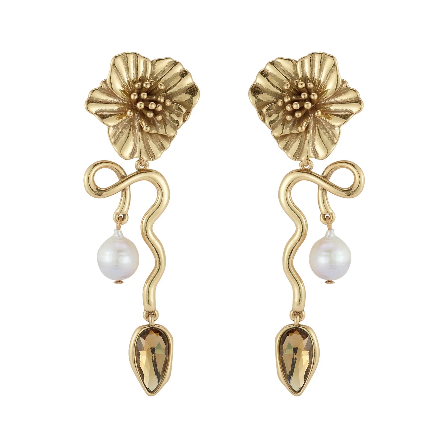 Lelani gold flower perarl and crystal drop earrings