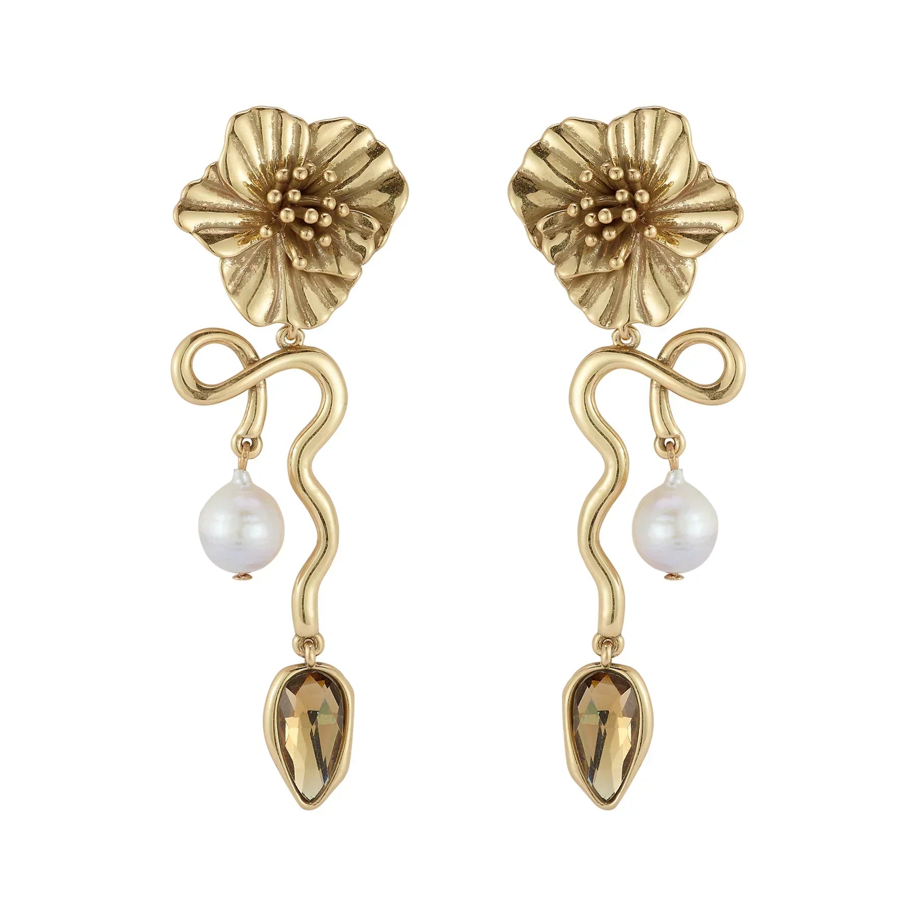 Lelani gold flower perarl and crystal drop earrings