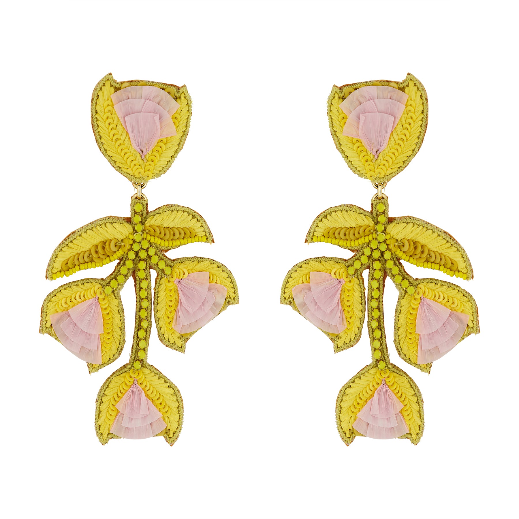 yellow and pink embroidered and sequin floral earrings