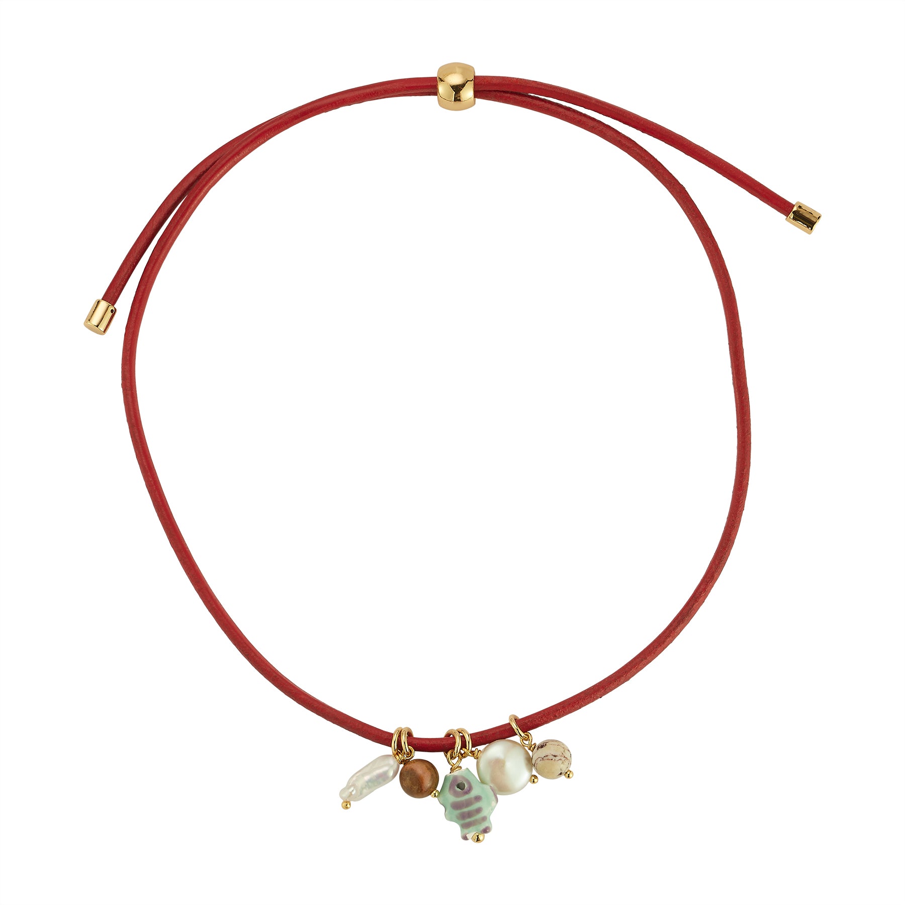 Red Cord Necklace with Gold and Muti Color Charms