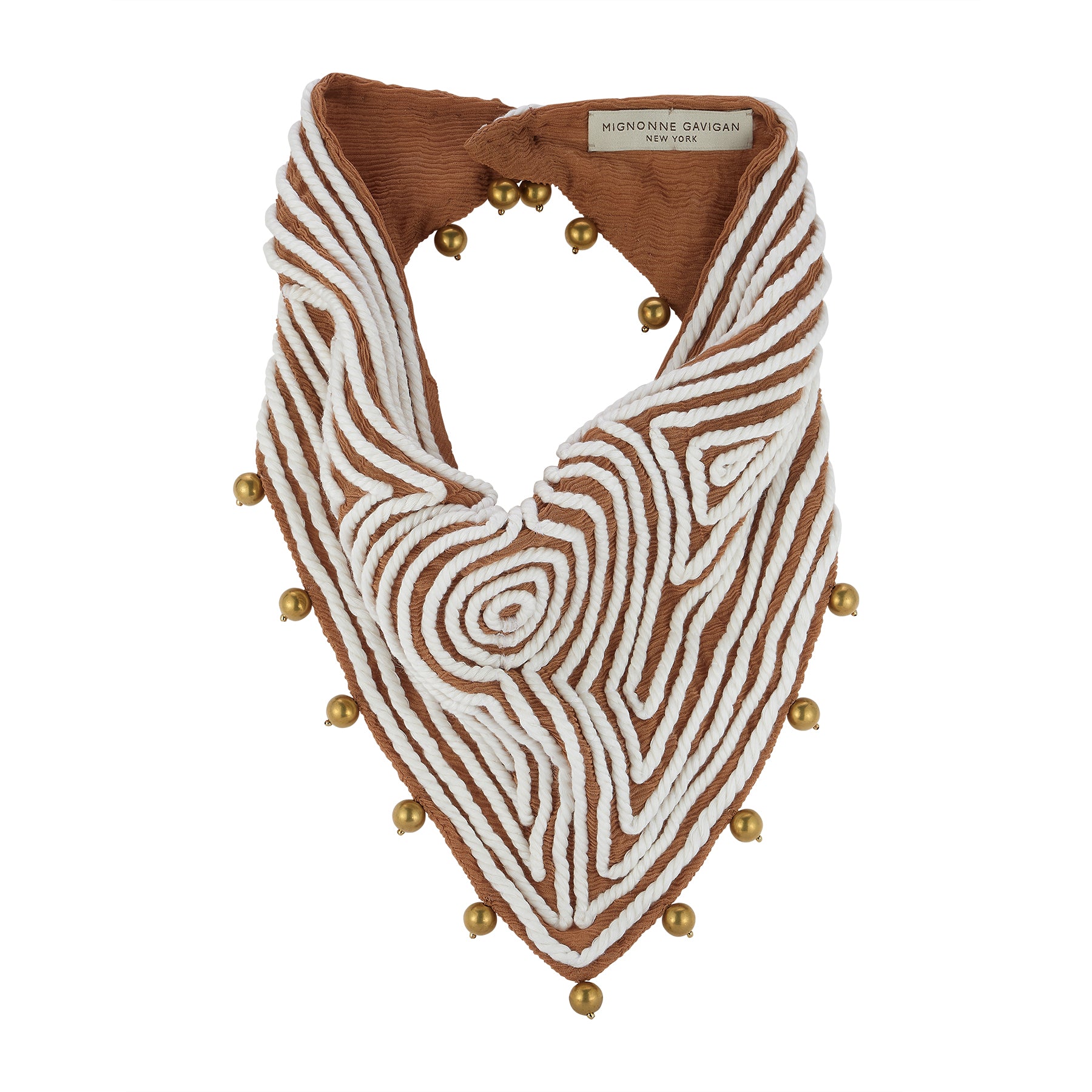 Brown and white patterned bandana with gold beads on a white background