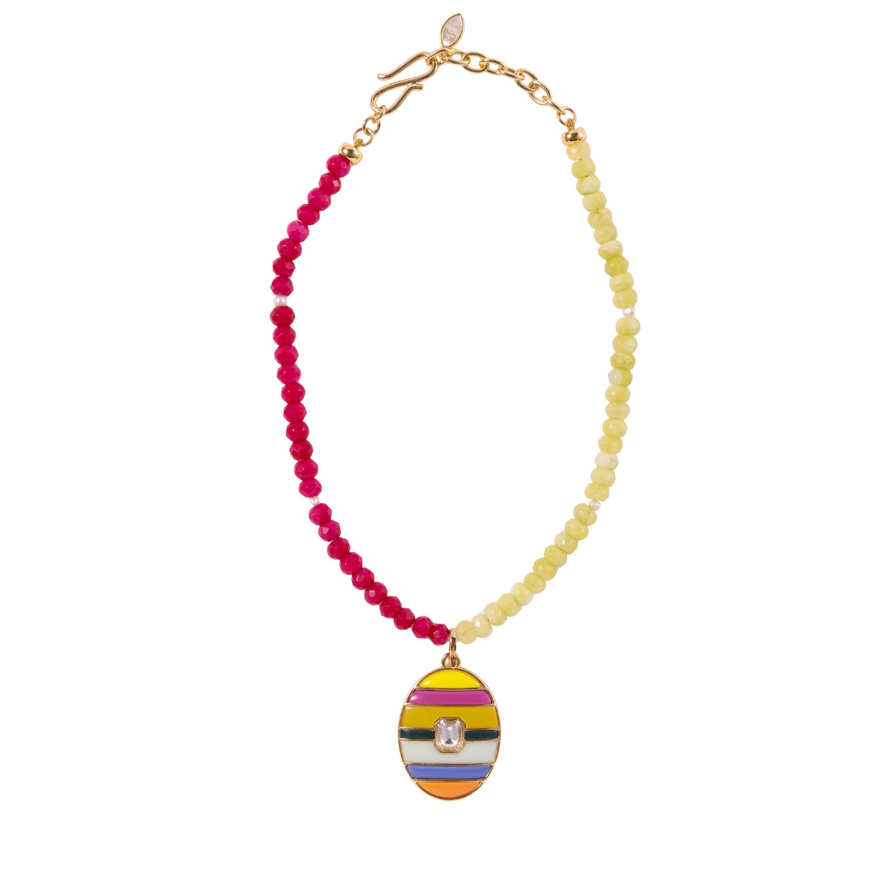 Necklace with pink and yellow beads and a colorful egg-shaped pendant on a white background