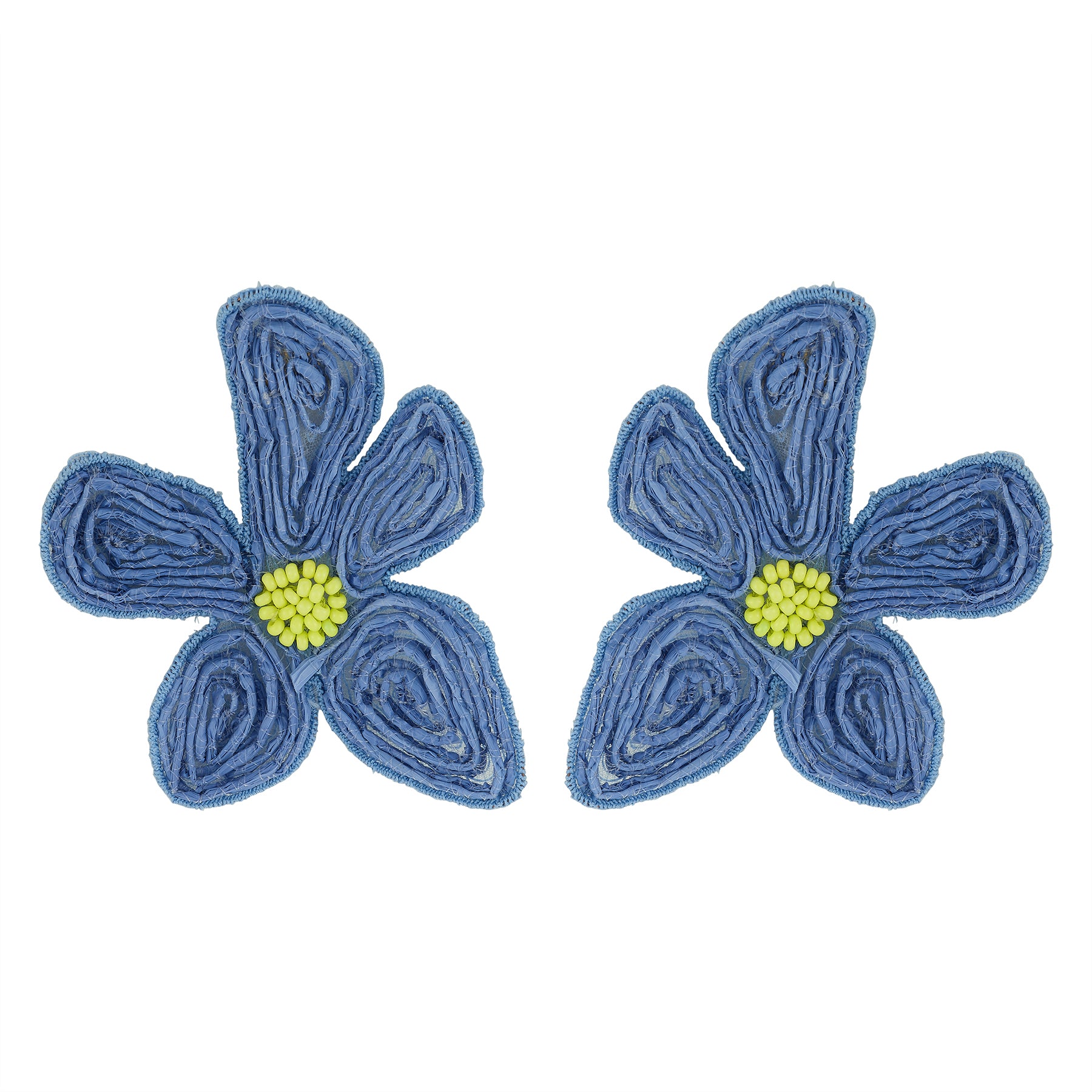 Pair of blue flower-shaped earrings with yellow centers on a white background