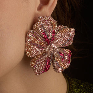 Beaded Pink and Gold Flower Studs Styled on Model