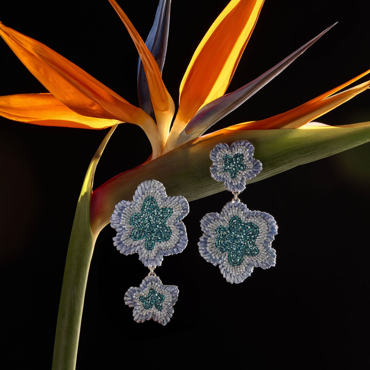 Beaded Floral Blue Double Drop Earrings Staged on Birds of Paradise Plant with Black Background