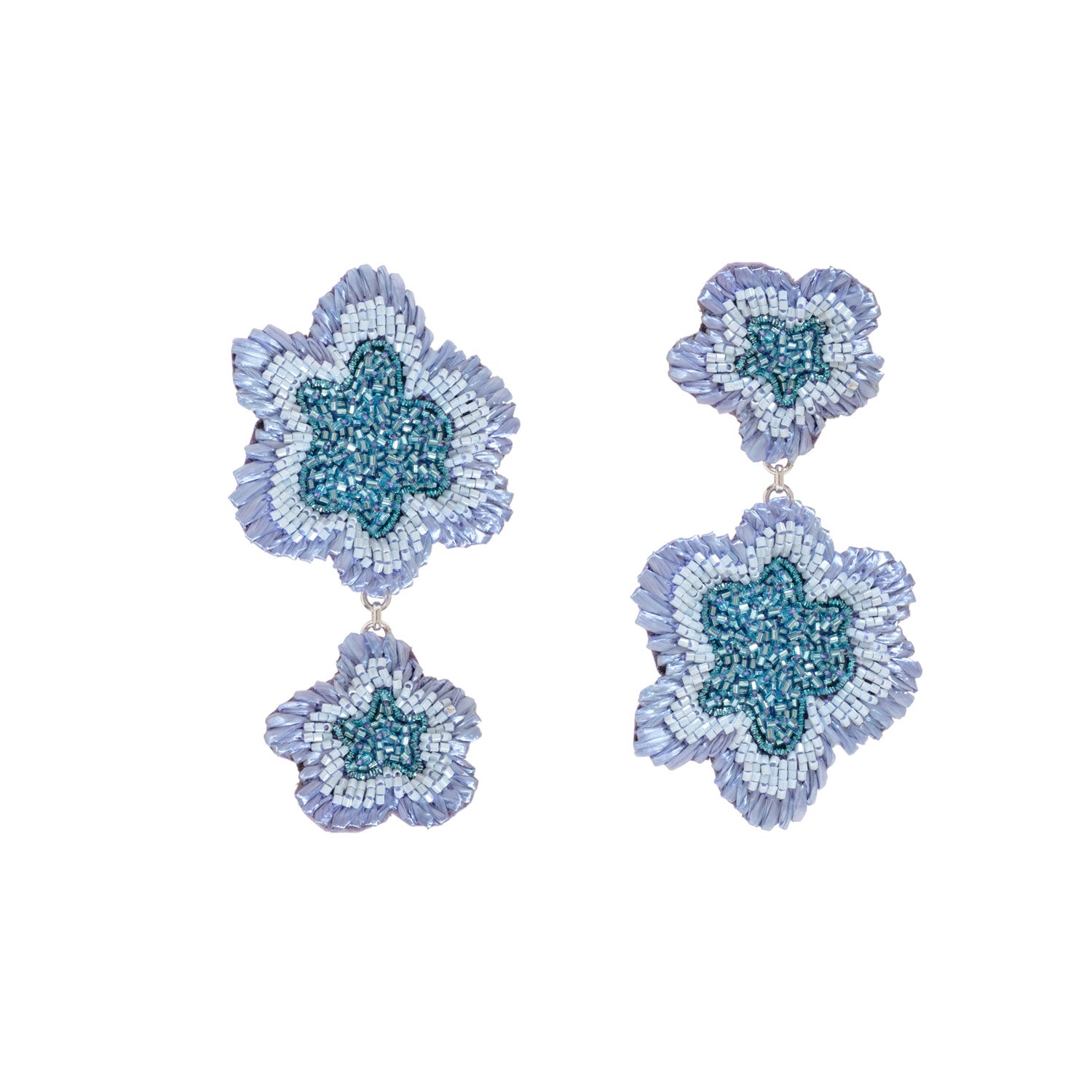 Blue Beaded Floral Double Drop Earrings on Flat White Background