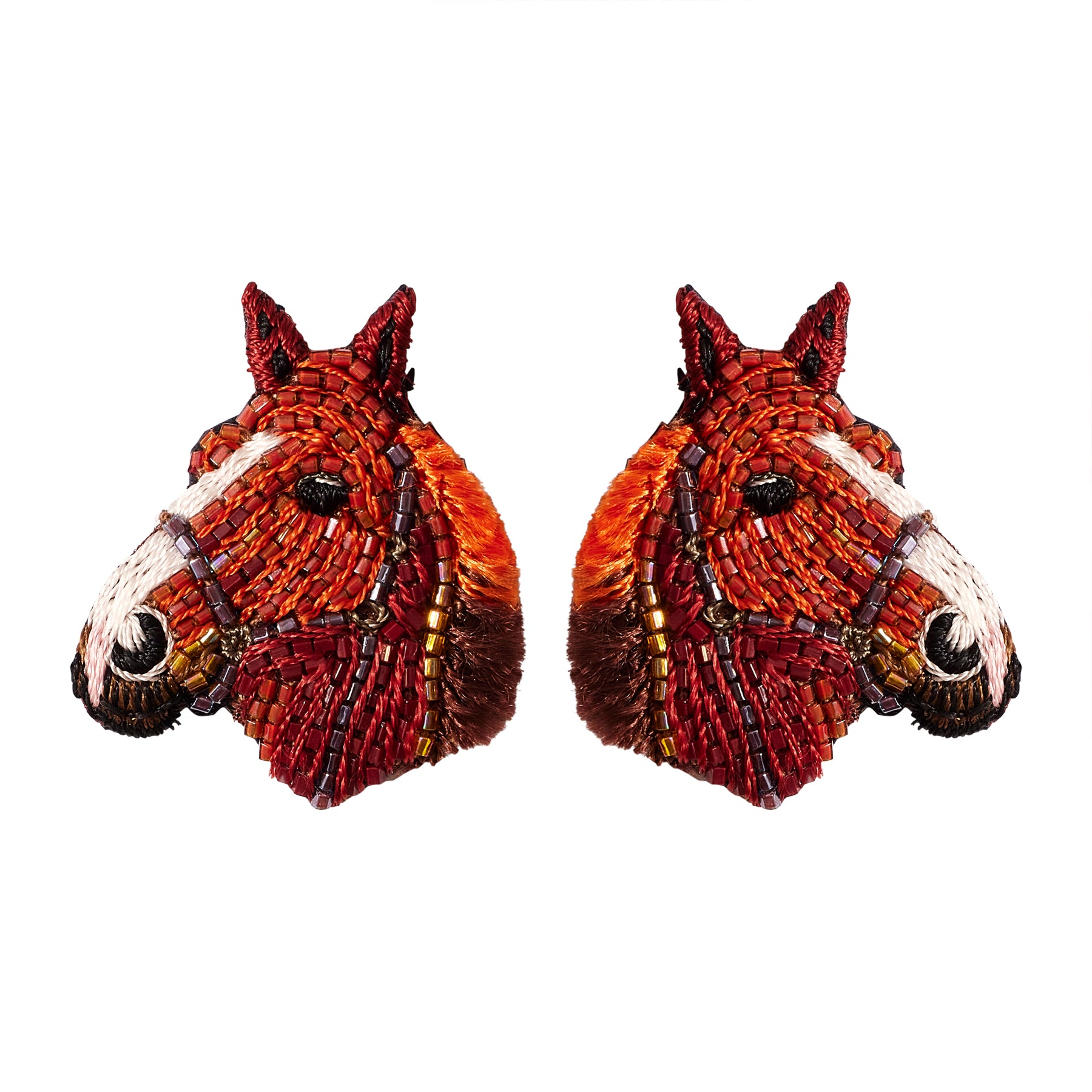 Brown and White Horse Stud Earrings On White Background