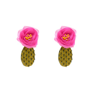 Pink Flower with Yellow Beading Green Cactus Double Drop Earrings on Flat White Background