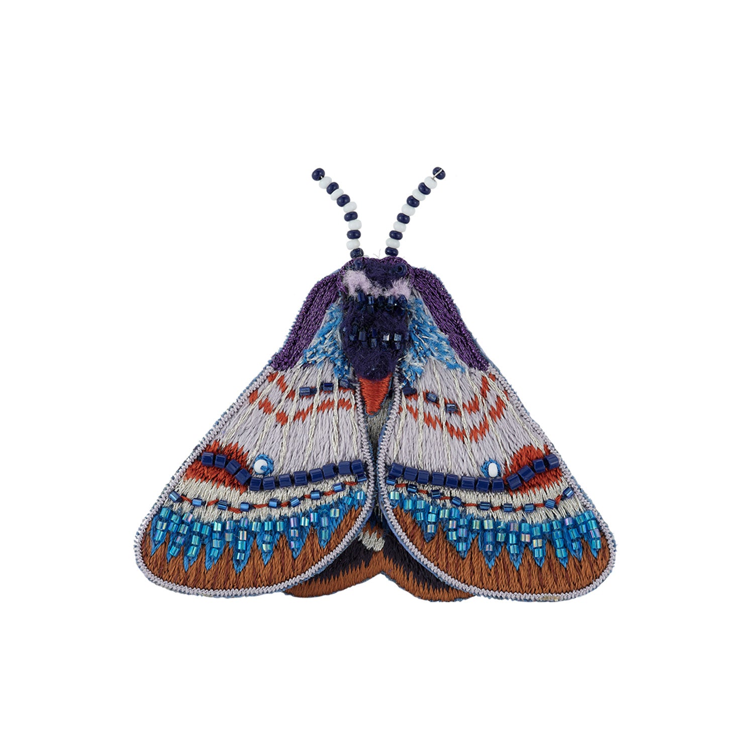 Purple and Blue Bead Embroidered Moth Brooch on Flat White Background