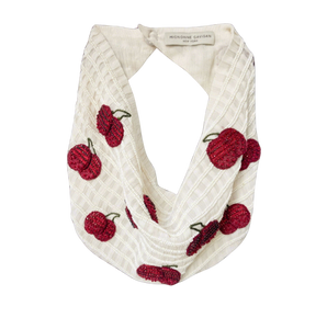 White Beaded Scarf Necklace with Red Cherry Accents on White Background