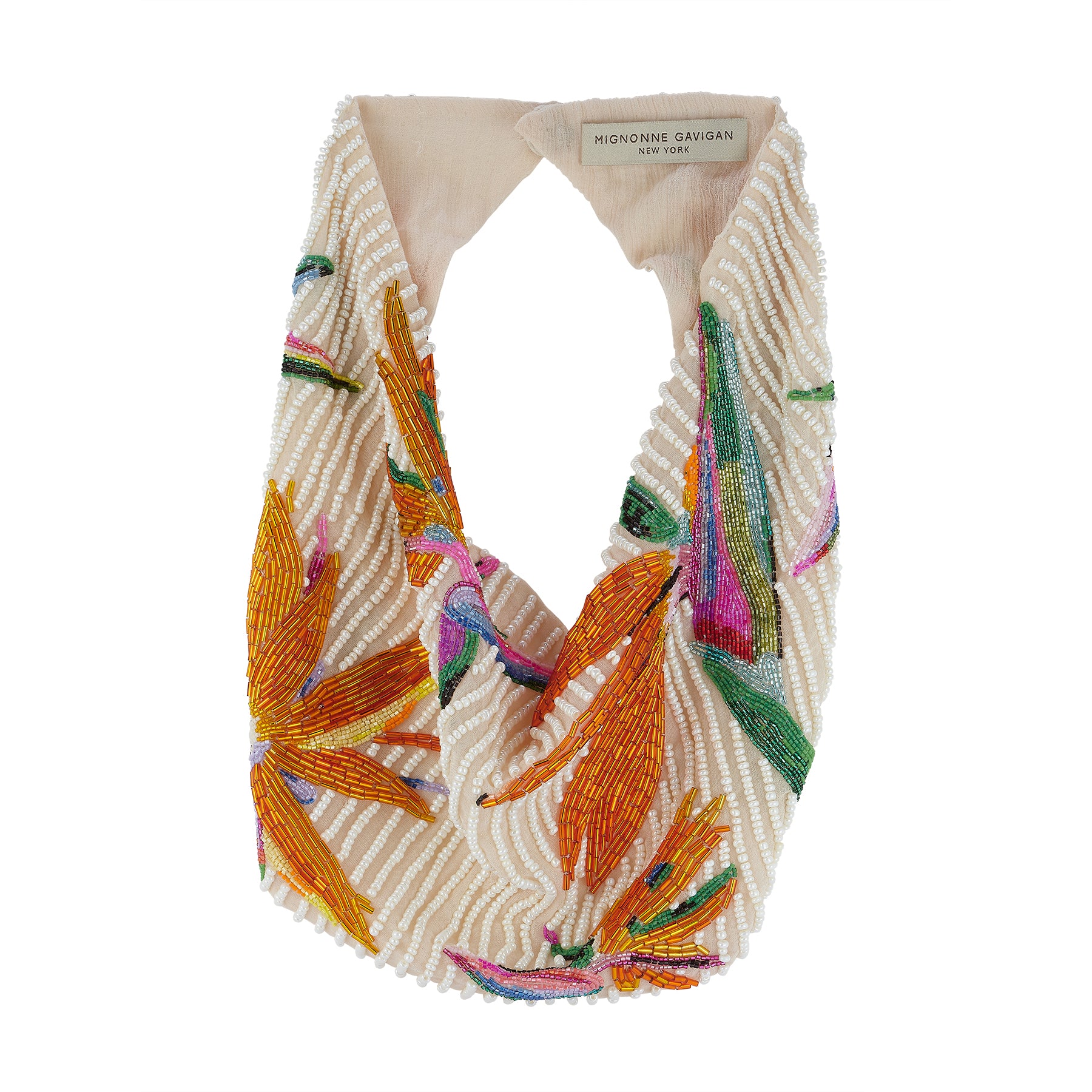 Beaded scarf with colorful leaf patterns on a white background