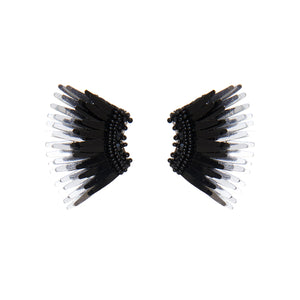 Black and Metallic Silver Sequin and Bead Wing Earrings on Flat White Background