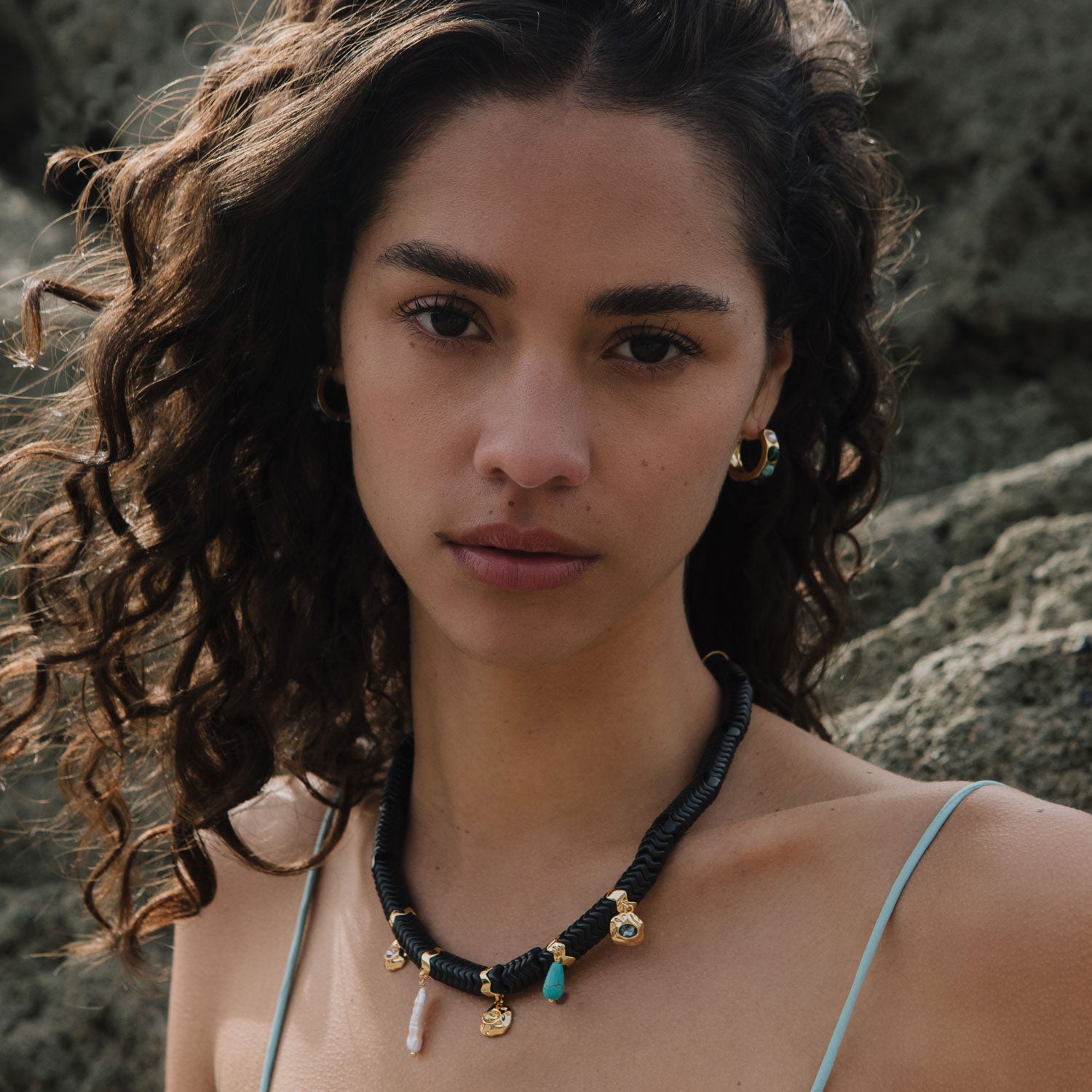 Black Stone Collar with Charms Styled on Model