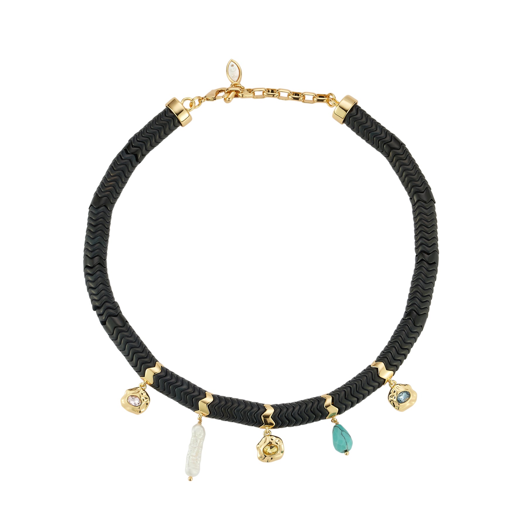 Black Stone Collar with Charms on Flat White Background