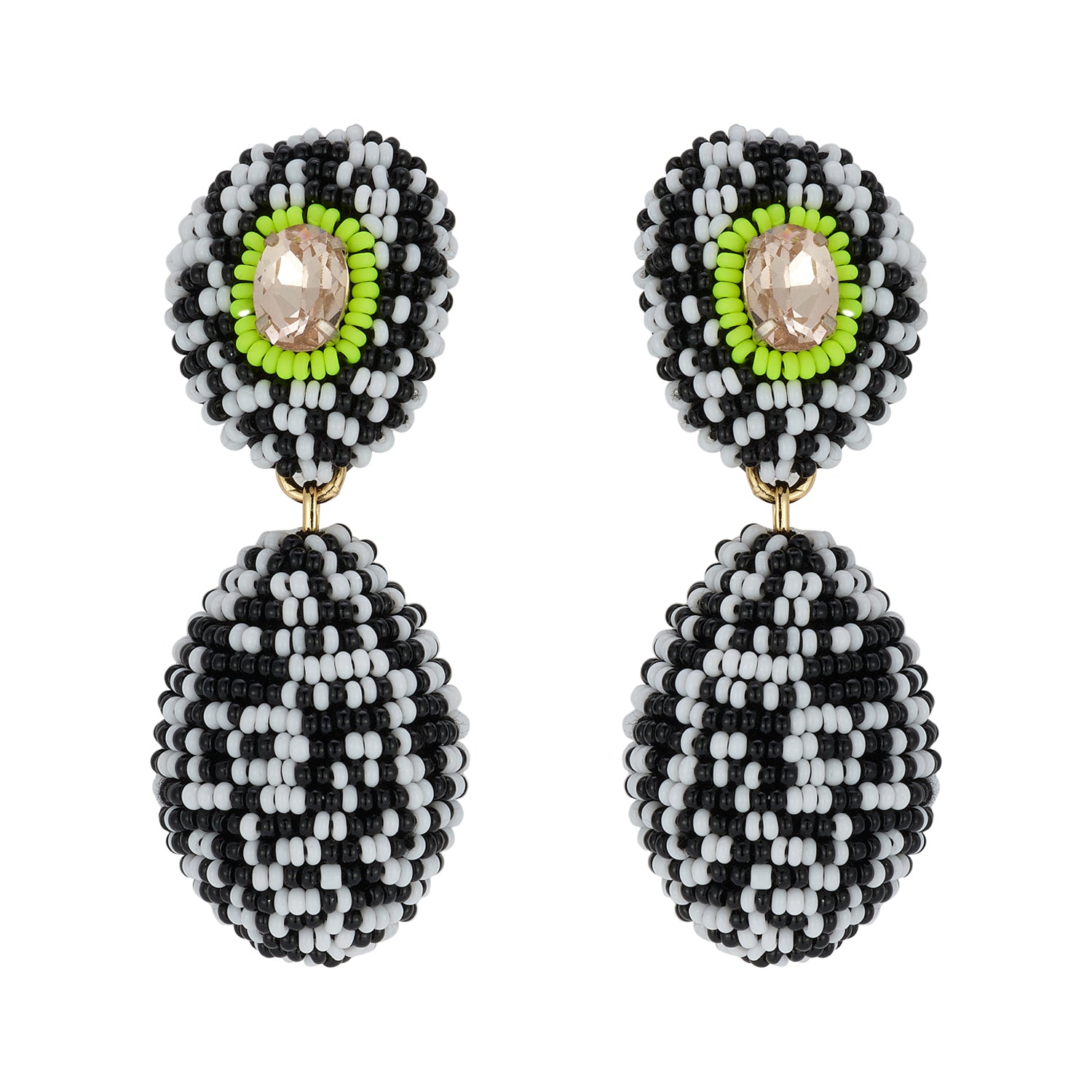 Black, White, and Green Beaded Double Drop Earrings with Crystal Accent on Flat White Background