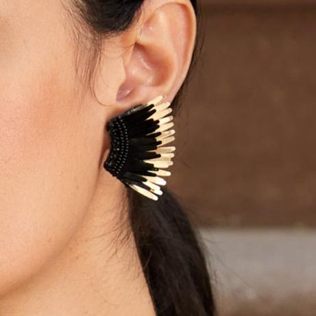 Black and Metallic Gold Sequin Wing Earrings on Model in Black and Floral Shirt