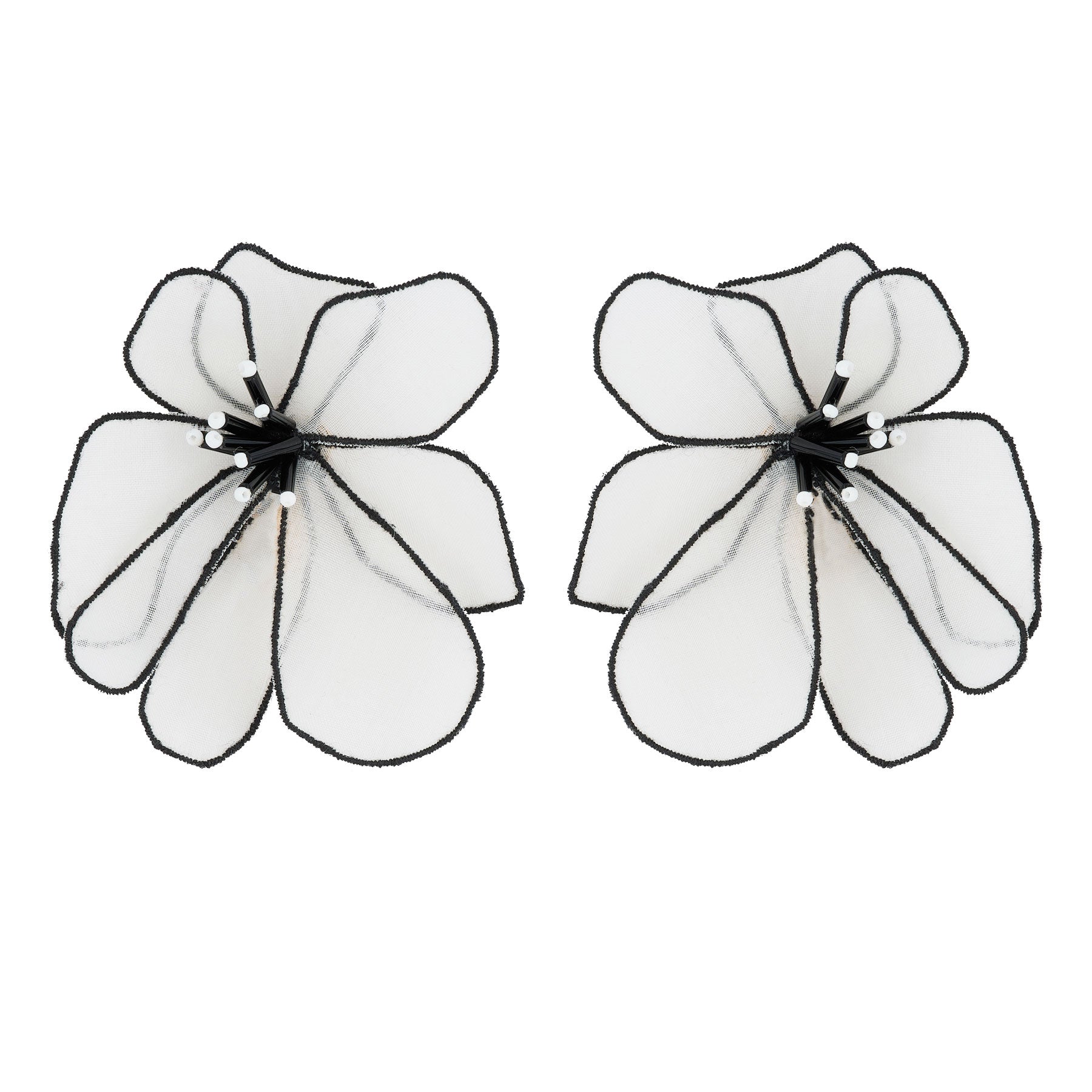 Black and White Embroidered Flower Earrings on Flat White Background