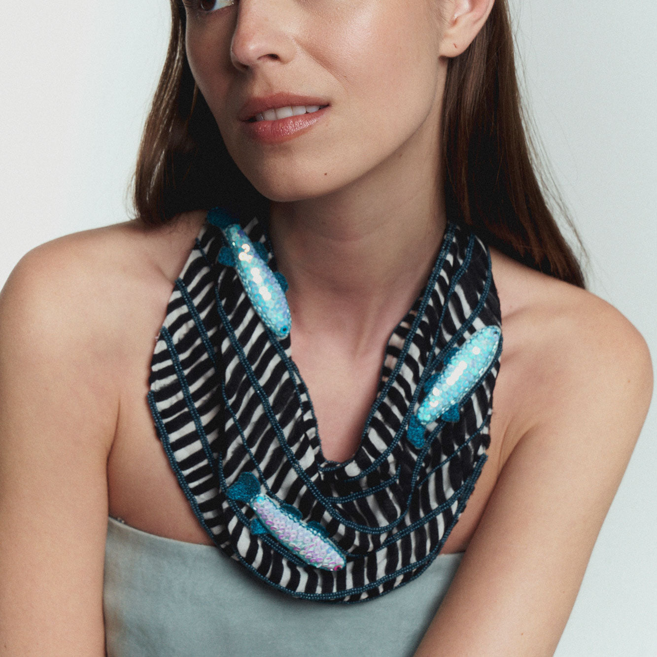 Sequin Fish Embroidered Gingham Scarf Necklace Styled on Model