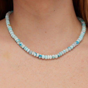 Blue Beaded Strand Necklace Styled On Model