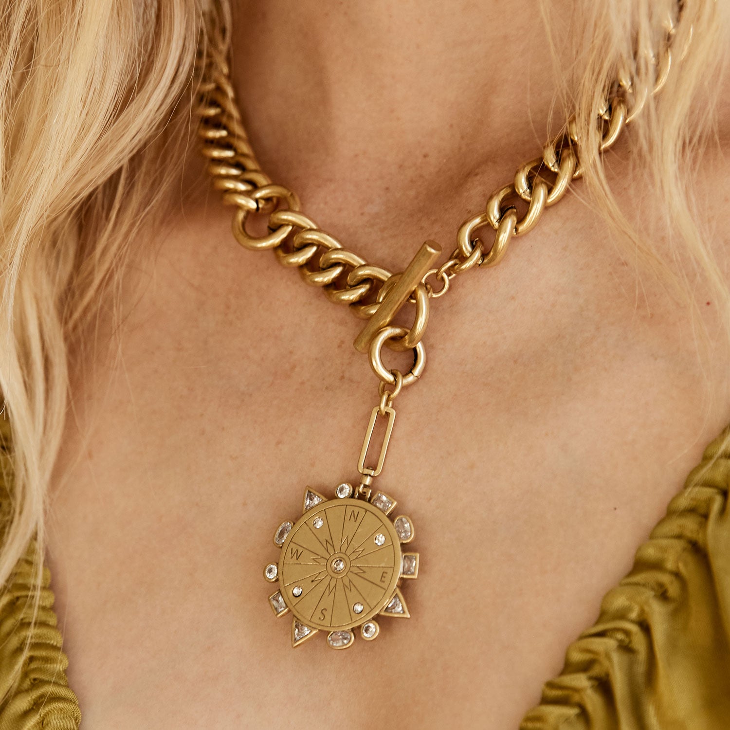 Crystal and Gold Compass Chain Pendant Necklace Styled on Model's Neck
