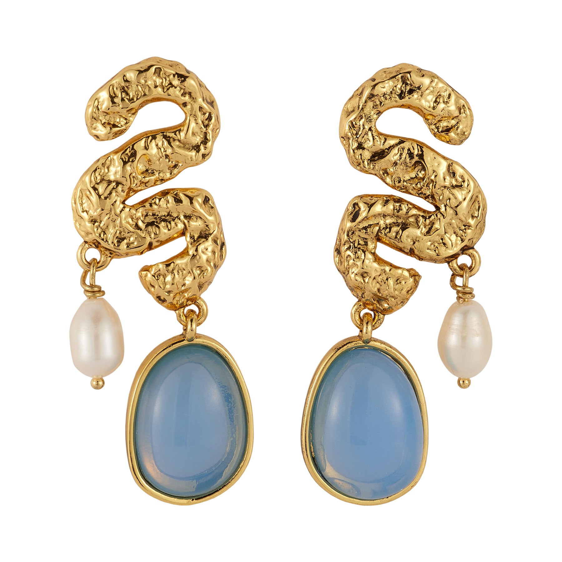 Blue Stone, Pearl, and Gold Squiggle Drop Earrings on Flat White Background