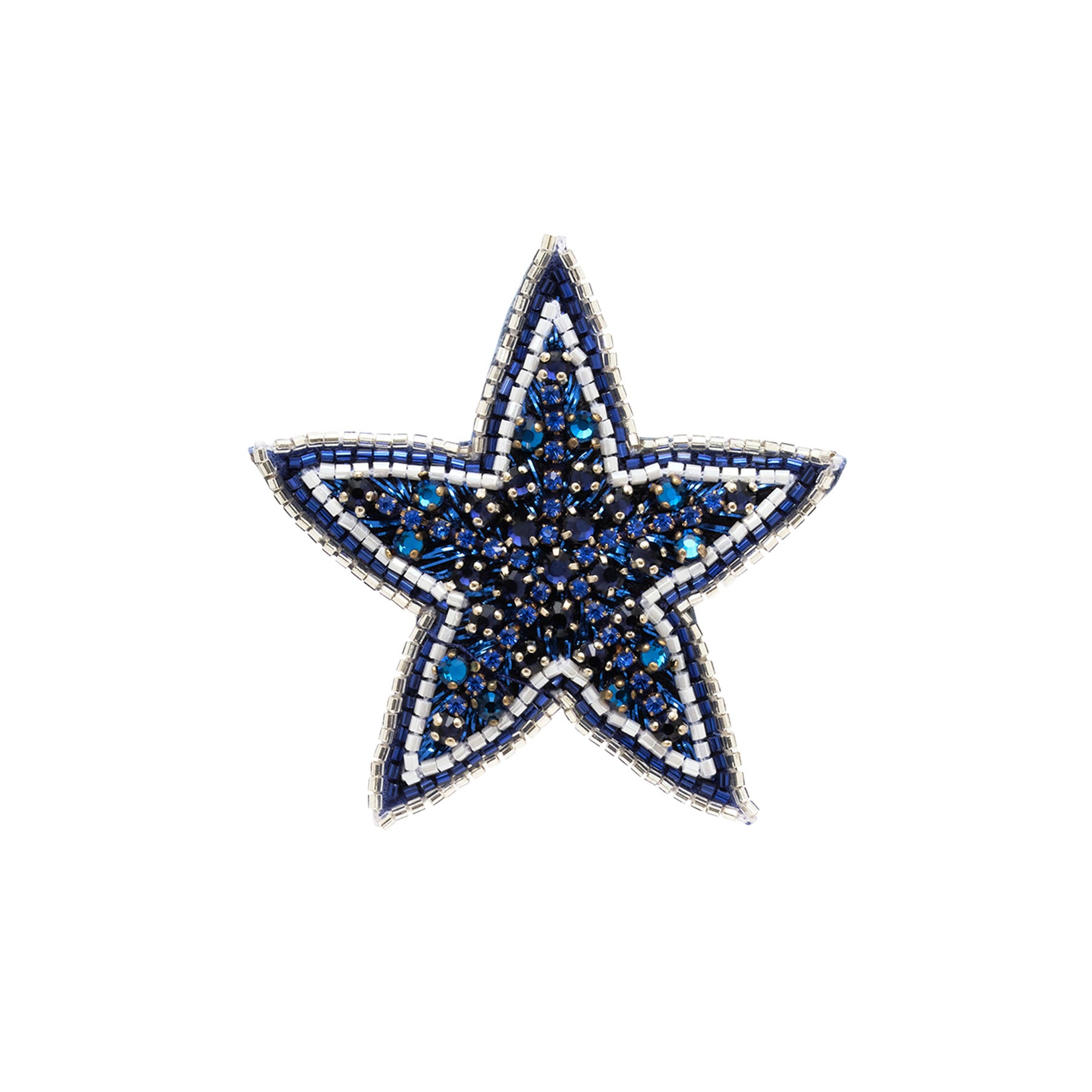 Blue and White Beaded Star Brooch on Flat White Background