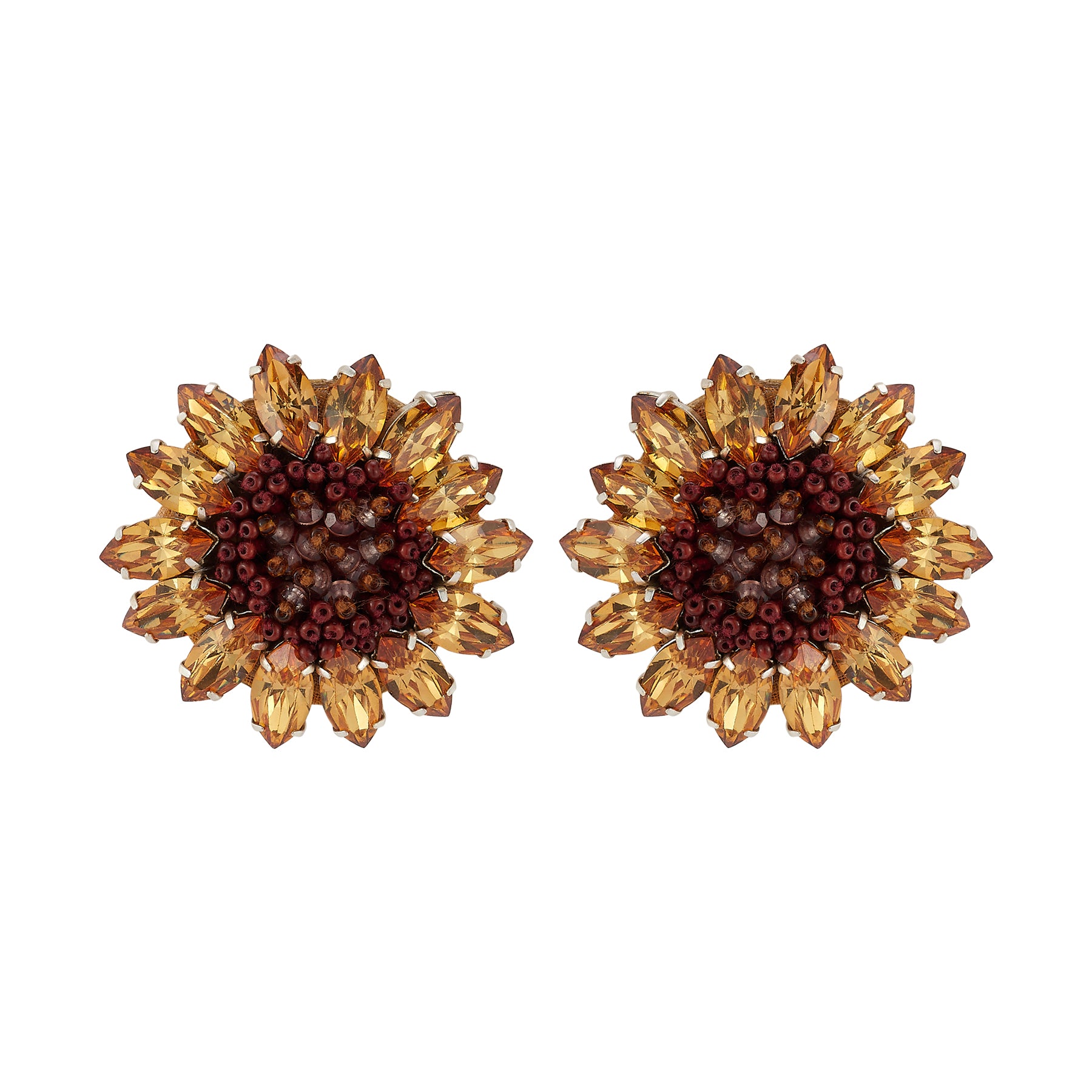 Pair of Bead and Crystal Sunflower Stud Earrings on Flat White Background