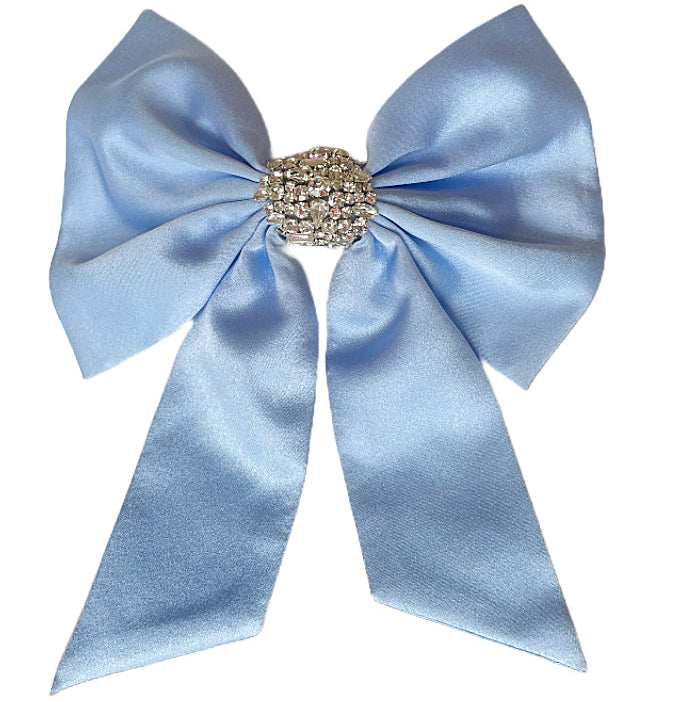 Carolina Blue and Clear Crystal Hair Bow on Flat White Background