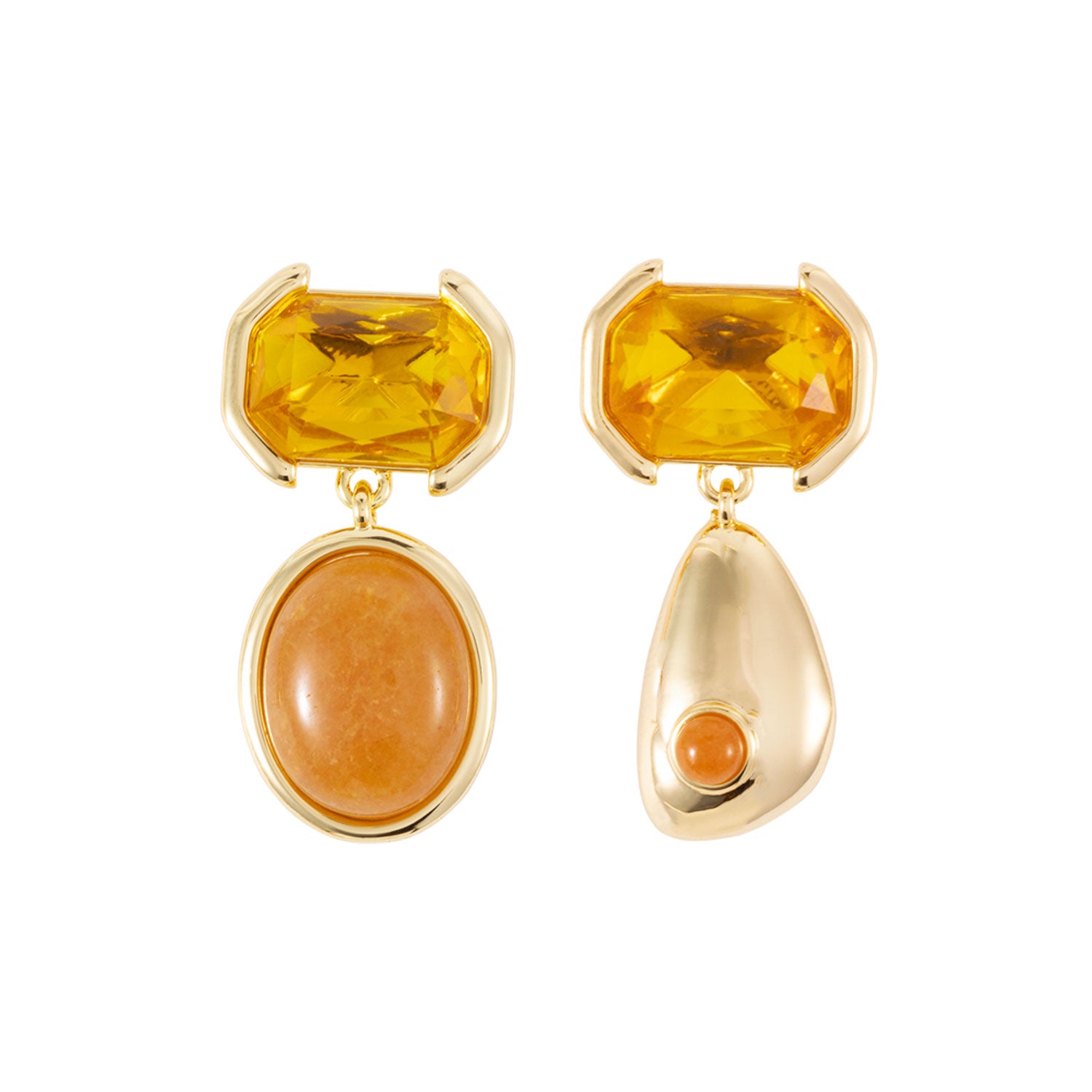 Pair of earrings with yellow and orange stones on a white background