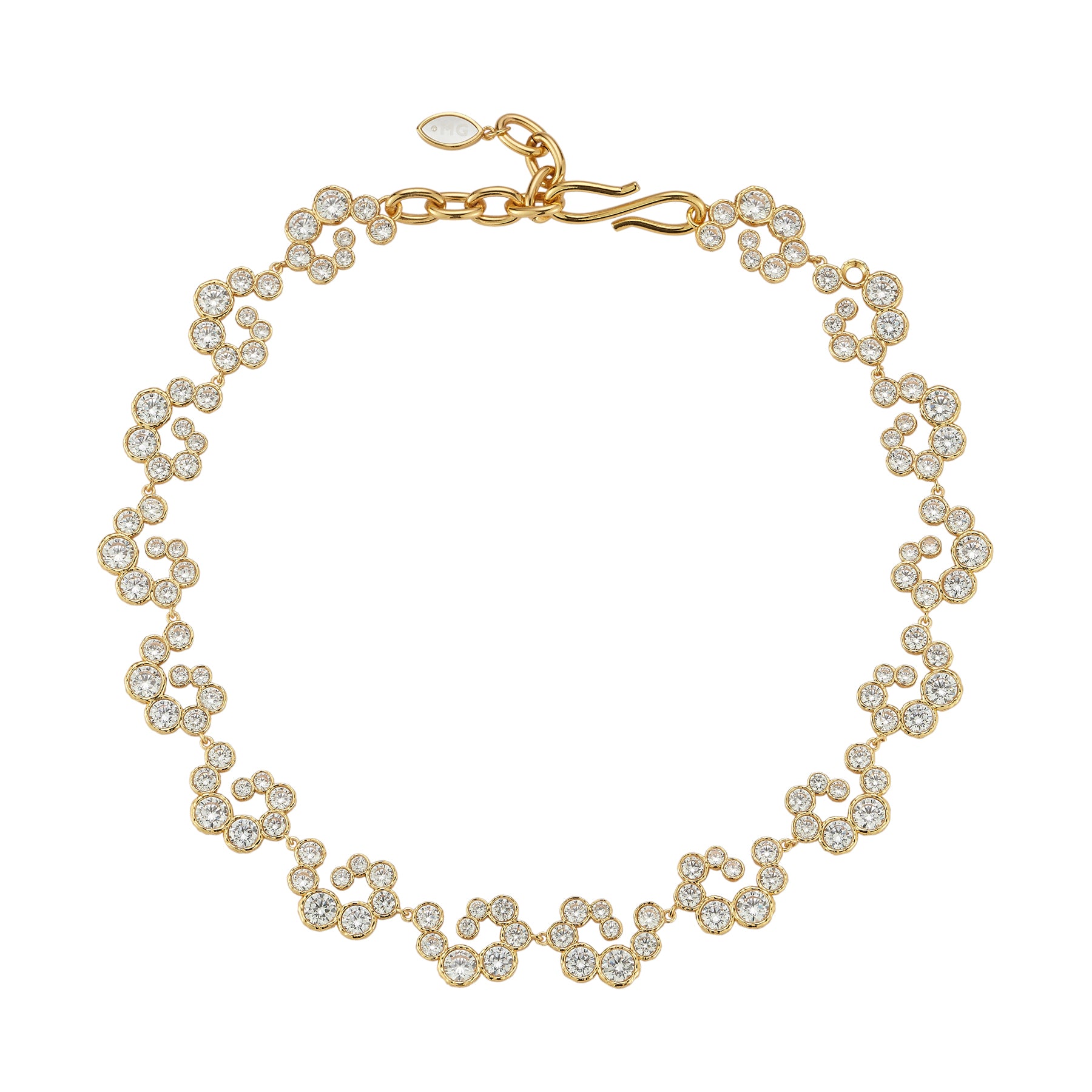 Gold necklace with clear gemstones on a white background