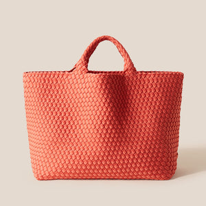 Coral Neoprene Woven Large Tote Bag on Flat Cream Background