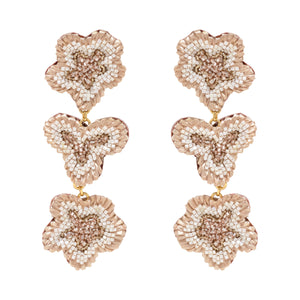 Beaded Floral Cream and Ivory Drop Earrings on Flat White Background