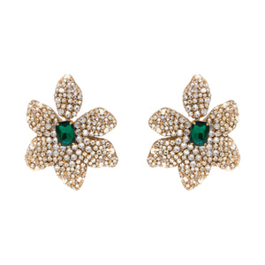 Emerald Crystal and Champagne Beads Pearls and Crystal Flower Drop Earrings on Flat White Background