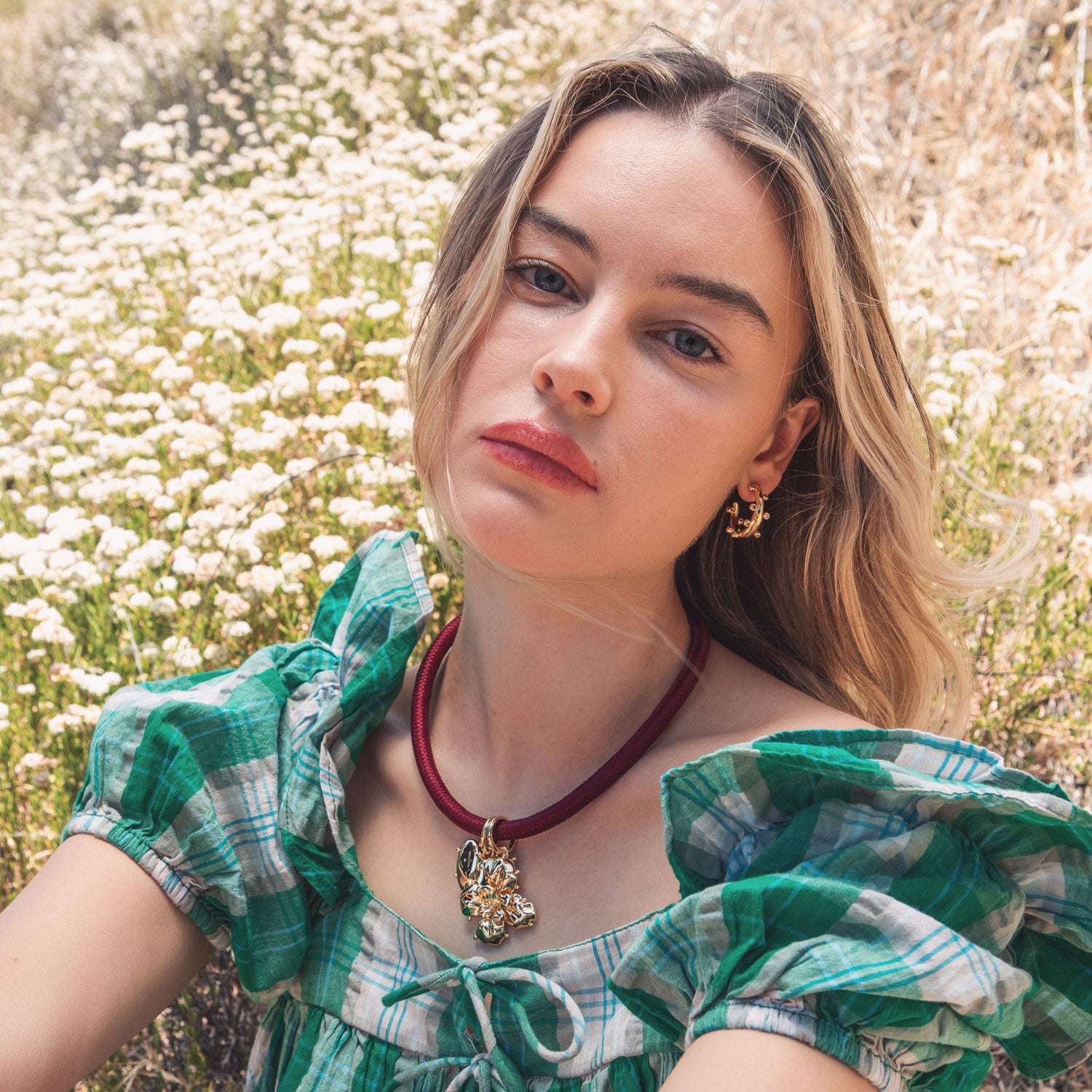 Crystal and Gold Hoop Earrings Styled on Model