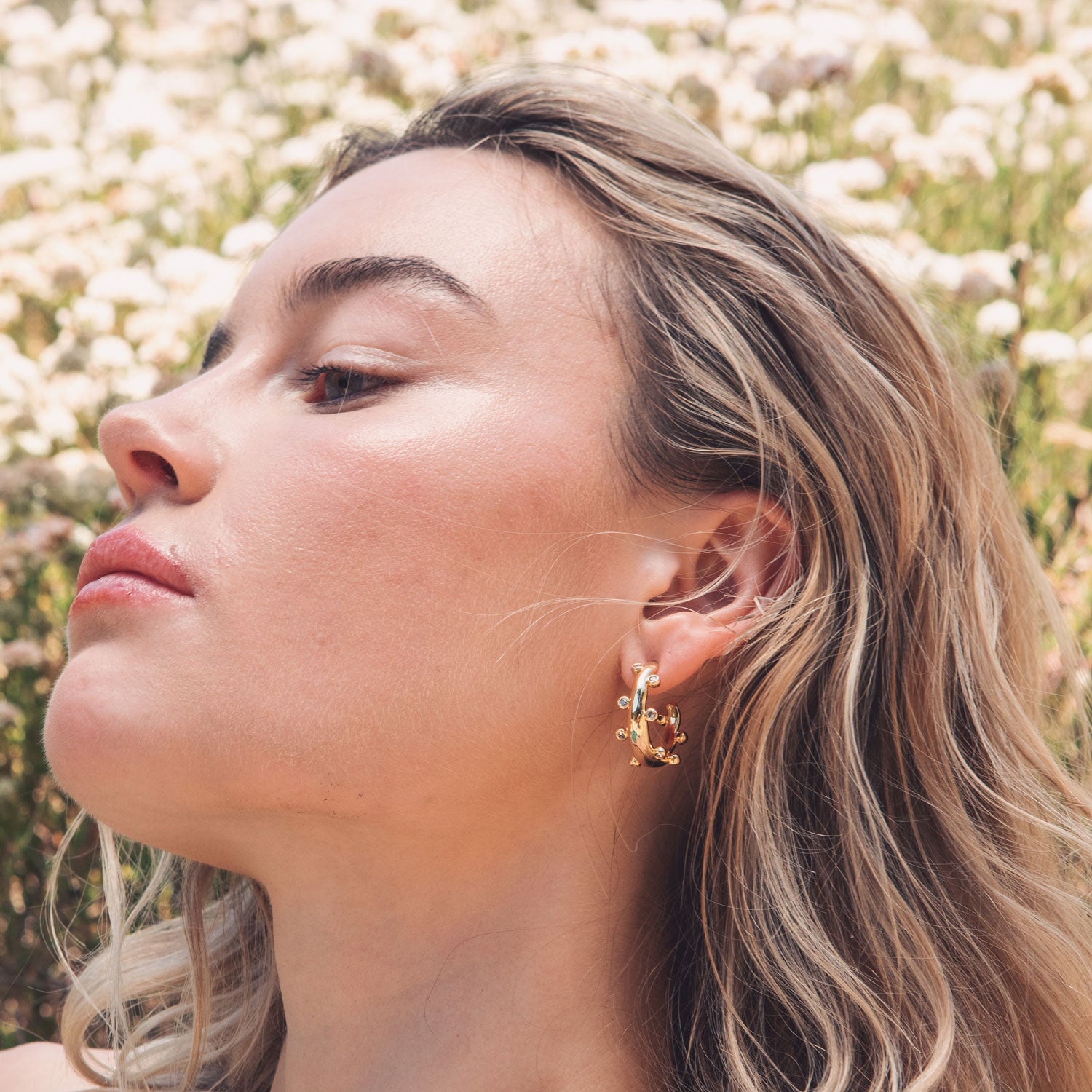 Crystal and Gold Hoop Earrings Styled on Model