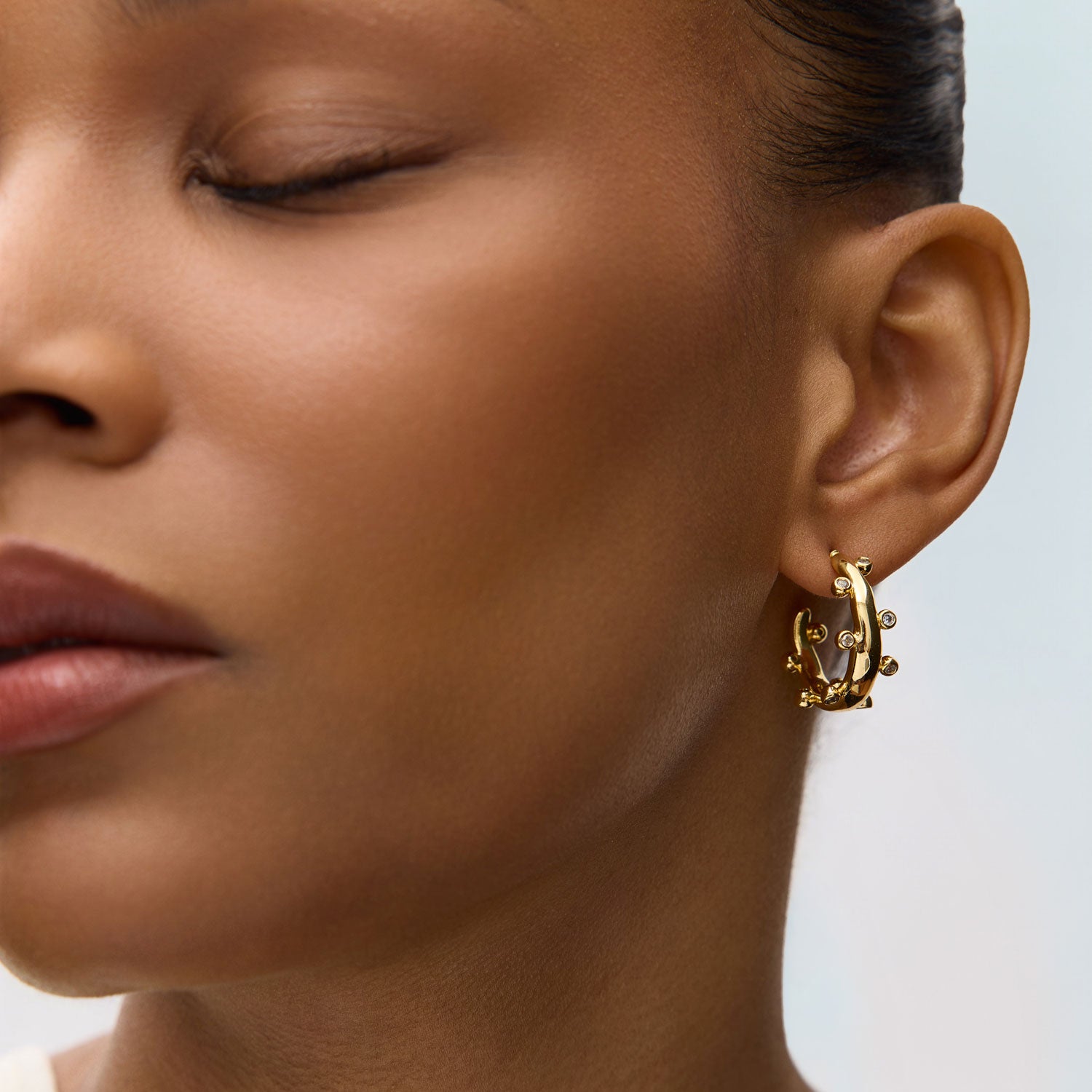 Crystal and Gold Hoop Earrings Styled on Model