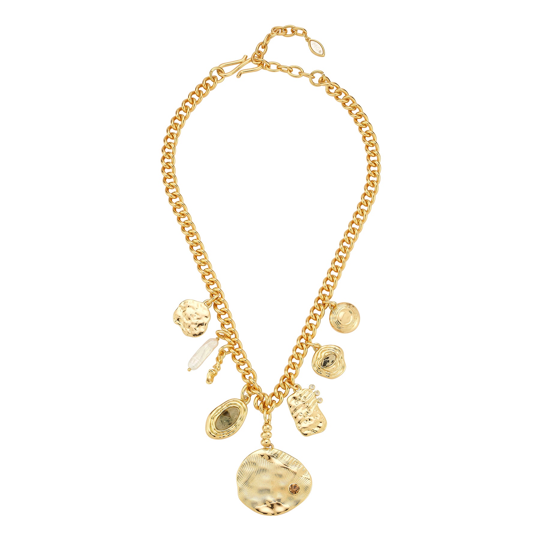 Gold necklace with various charms on a white background