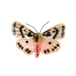 Beaded and Embroidered Butterfly in Pink Black and Neutral on Flat White Background