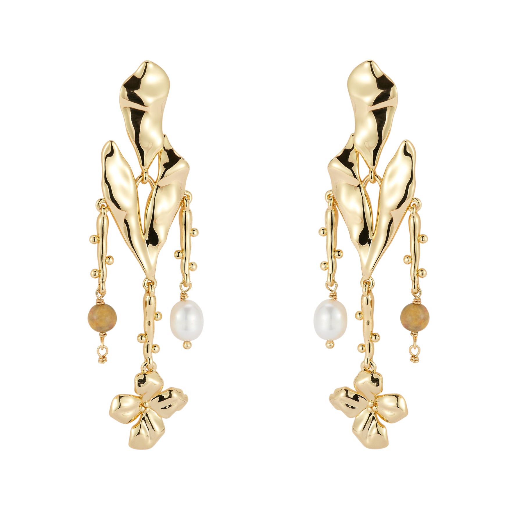 Freshwater Pearl and Stone Heart and Flower Drop Earrings on Flat White Background