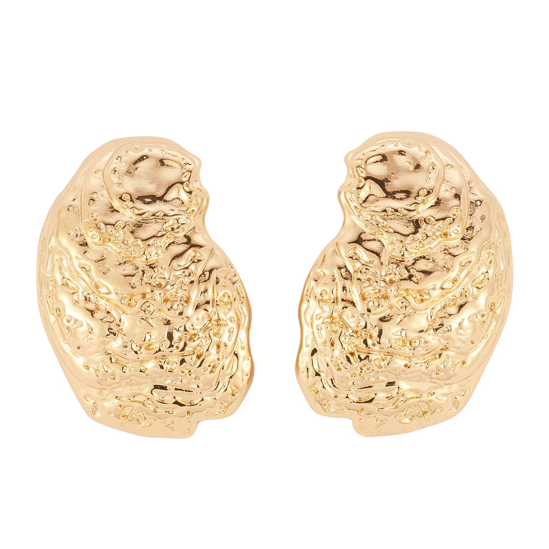 Gold Oyster Shell Stud Earrings on Flat White Background