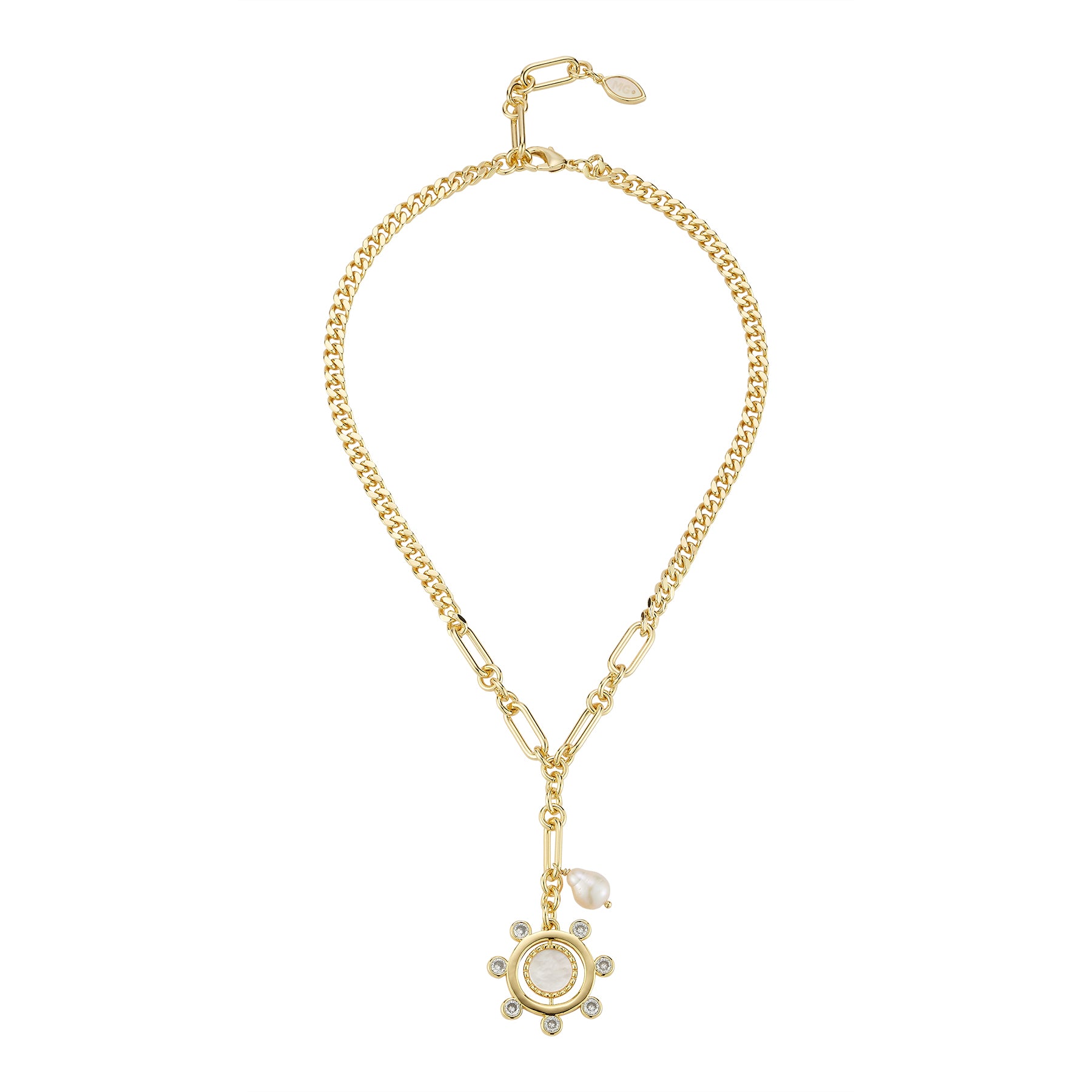 Gold, Crystal, and Mother of Pearl Chain Pendant Charm Necklace on Flat White Background