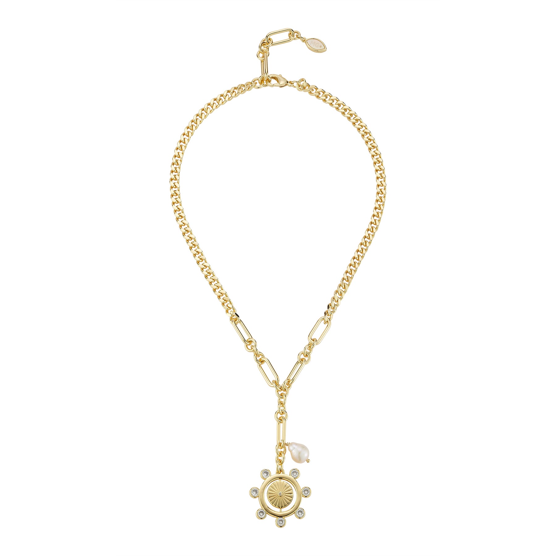 Gold, Crystal, and Mother of Pearl Chain Pendant Charm Necklace on Flat White Background