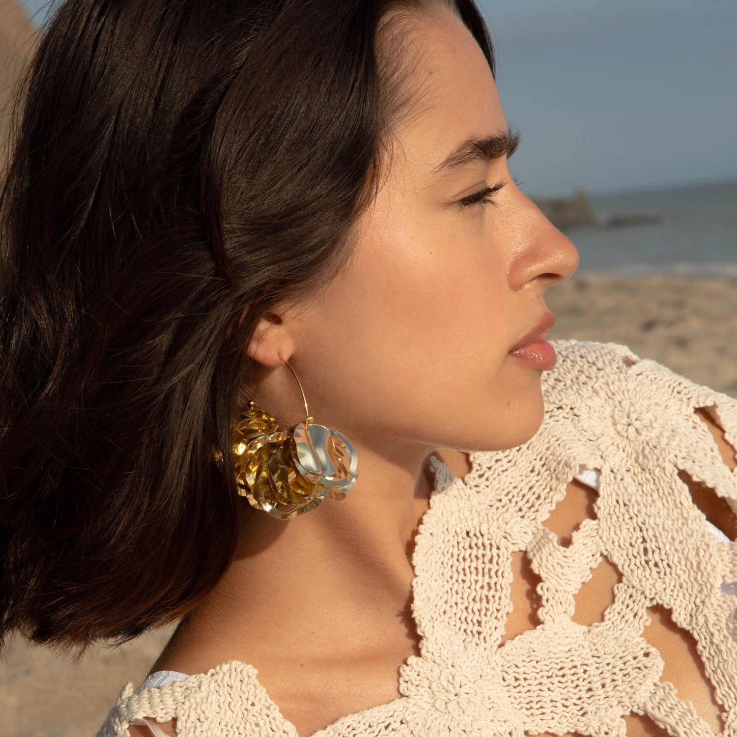 Gold Sequin Cluster Hoops Styled on Model