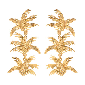 Gold Palm Dangle Earrings on Flat White Background