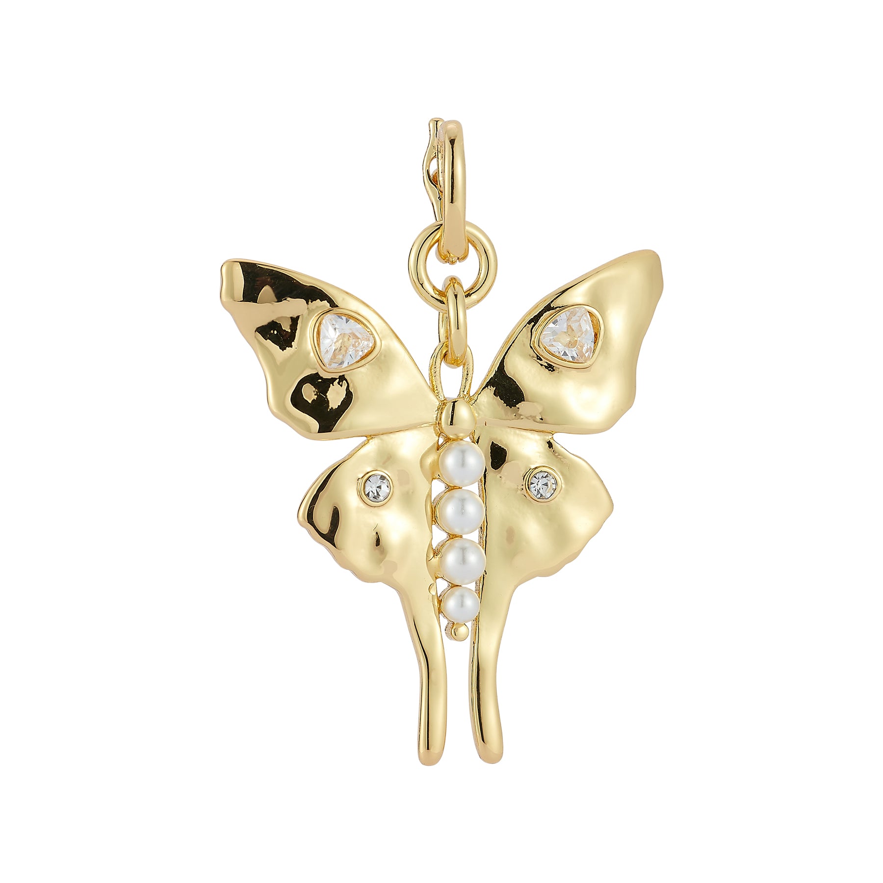 Gold, Pearl, and Crystal Butterfly Charm on Flat White Background