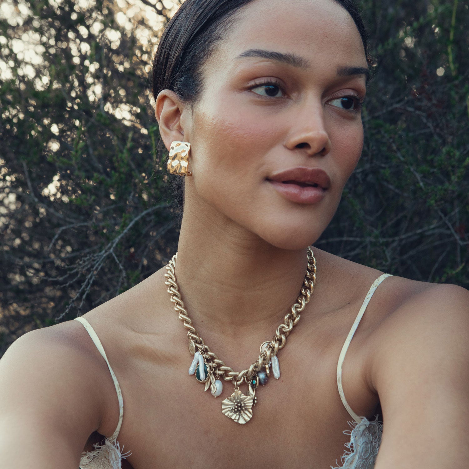 Antiqued Gold Charm Chain Necklace Styled on Model