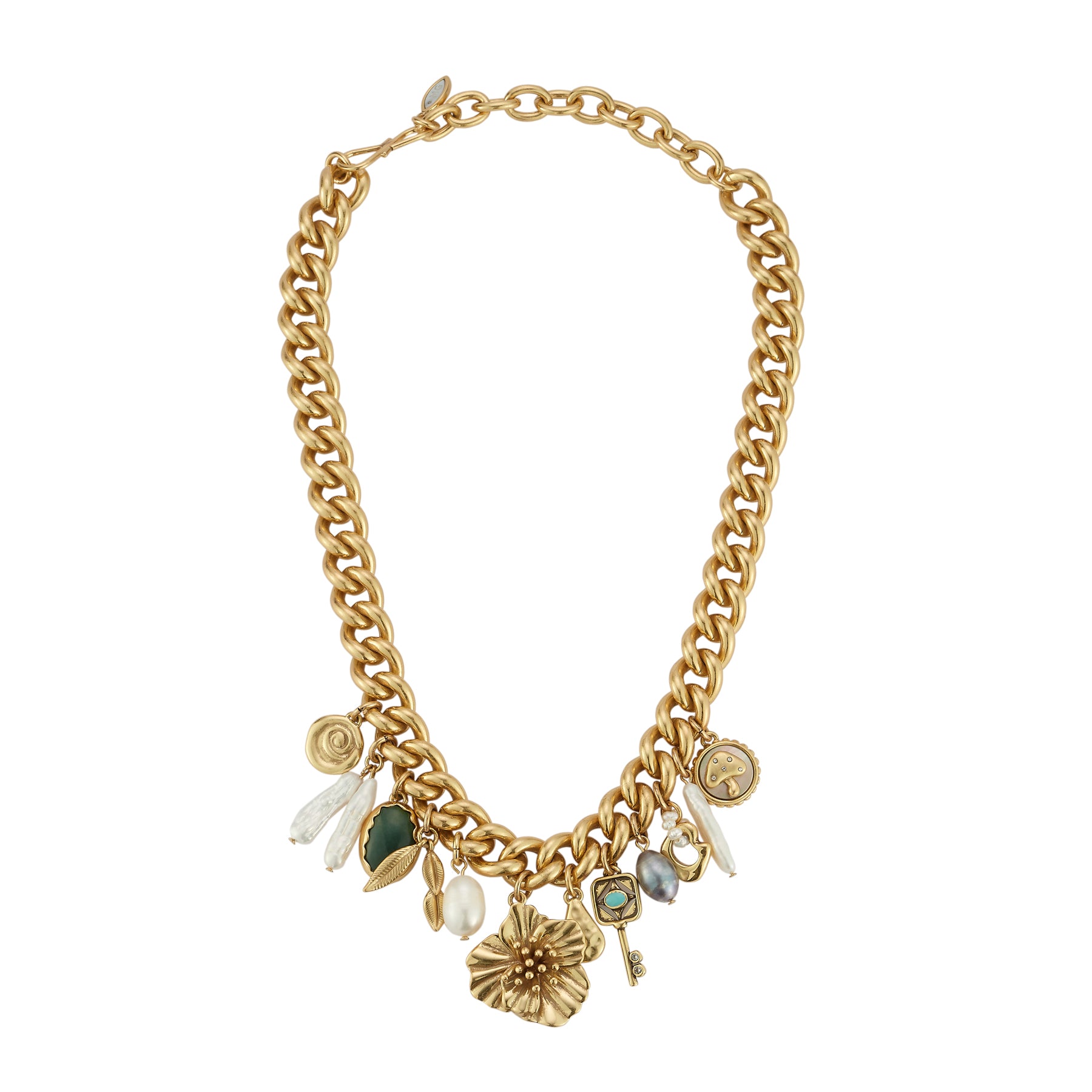 Antiqued Gold Charm Chain Necklace on Flat White Background