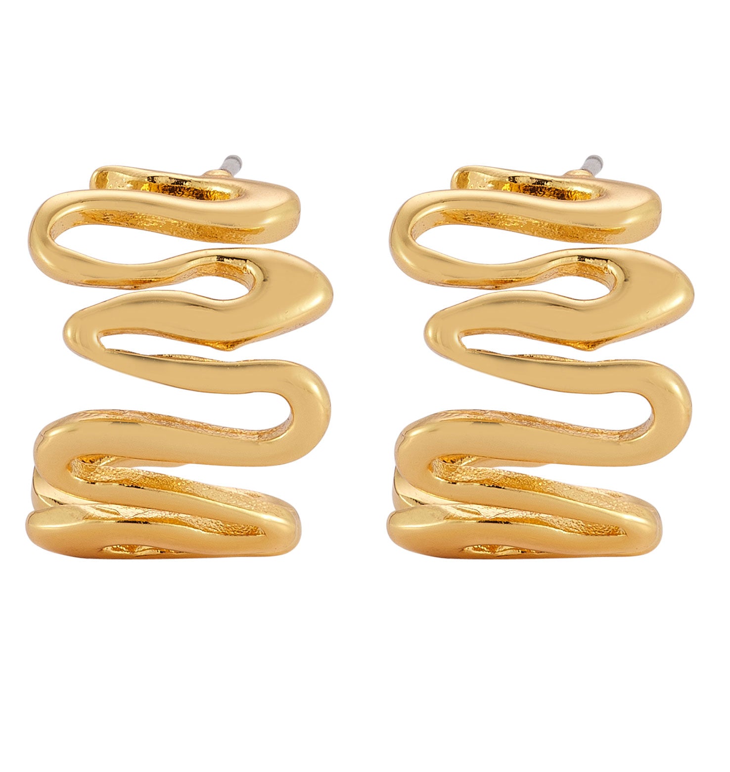 Gold Squiggle Hoop Earrings on Flat White Background