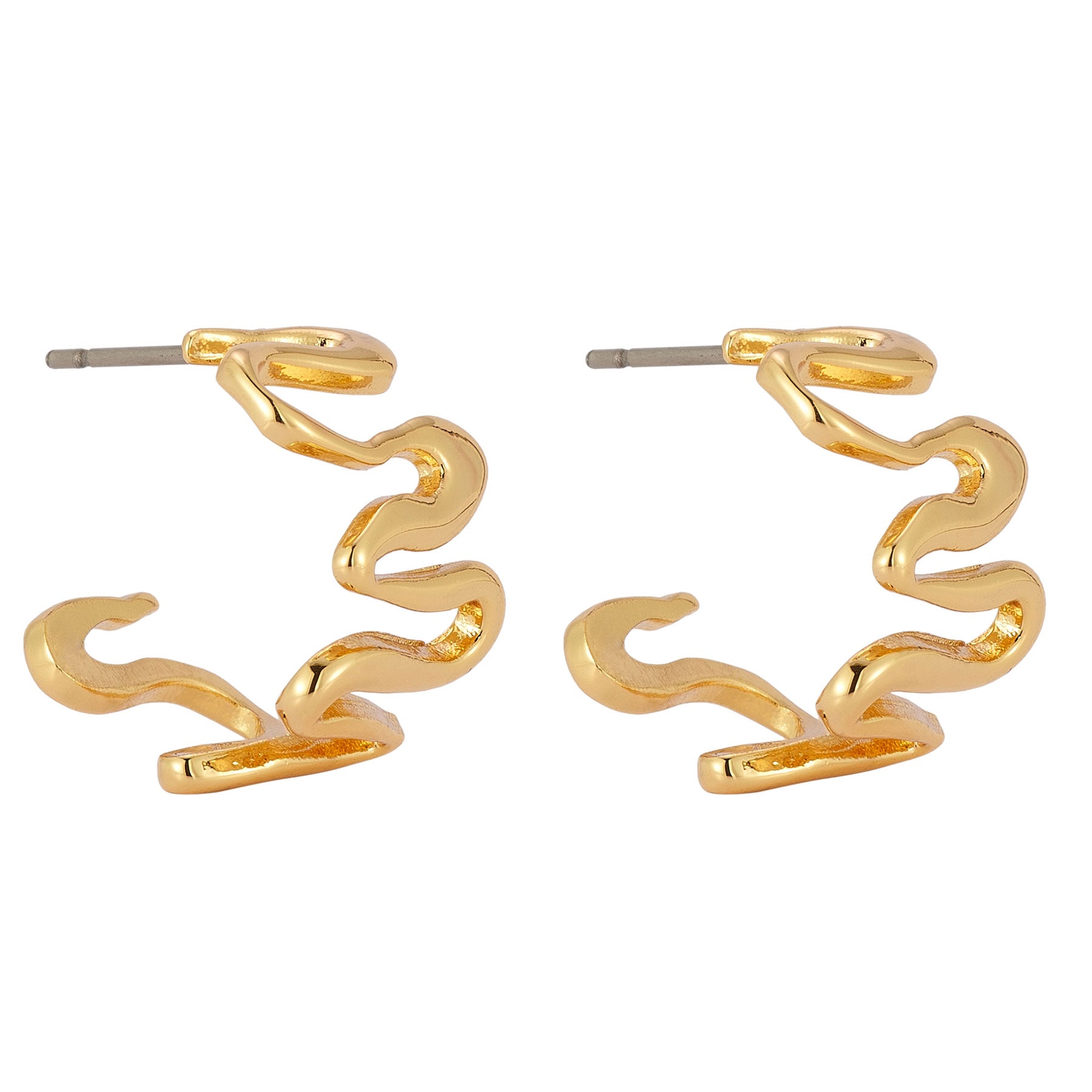 Gold Squiggle Hoop Earrings on Flat White Background