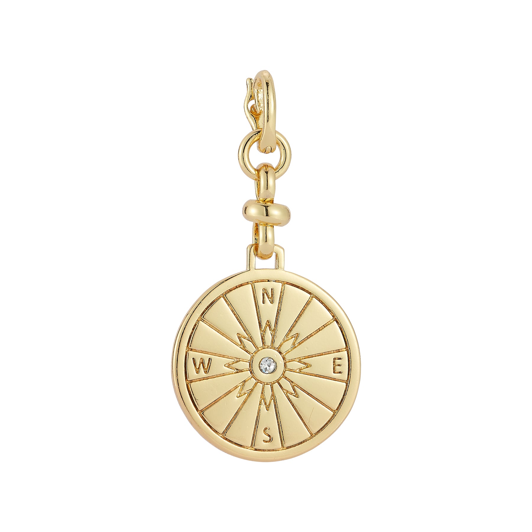 Gold and Crystal Compass Charm on Flat White Background